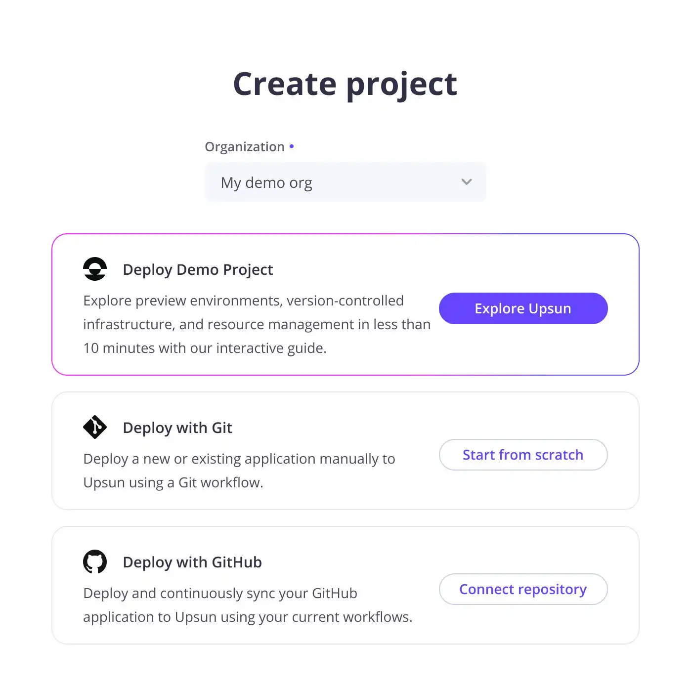 Create project screen with choices to deploy demo project, deploy with git from scratch, or deploy with Github